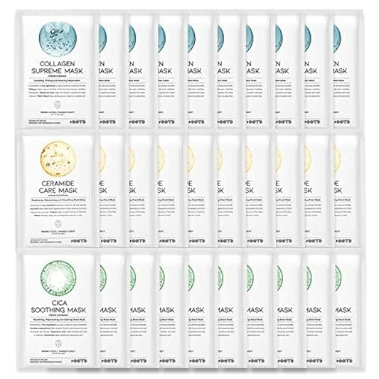 Hydrating Soothing Sheet Masks Gift Set for Skincare, Korean Vegan Sheet Mask for Dry, Sensitive Skin, Calming, Smoothing, Brightening, Collagen, Ceramide, Cica, Hyaluronic Acid 30EA