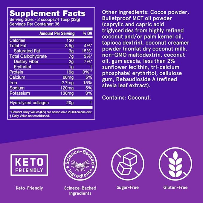 Bulletproof Chocolate Collagen Protein Powder with MCT Oil, 19g Protein, 42.3 Oz, Value Size, Collagen Peptides and Amino Acids for Healthy Skin, Bones and Joints