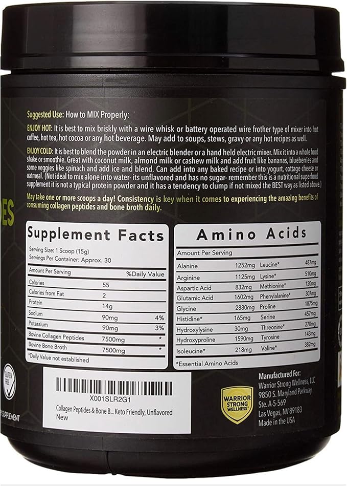 Premium Collagen Peptides Bone Broth Powder: Grass Fed Hydrolyzed Collagen Boost for Healthy Skin, Nails, Hair, Joints, Muscles, Bones, Digestion, Keto Friendly, Unflavored