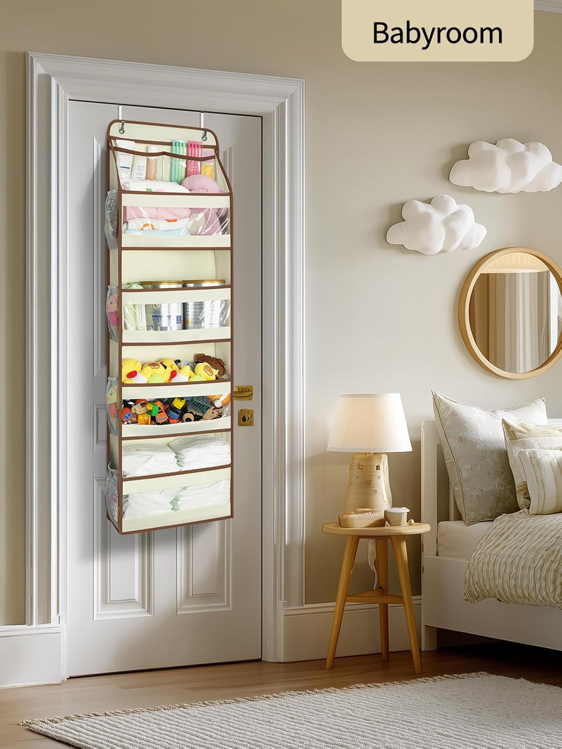 Yecaye 5 Tier 1Pc Over the Door Organizer, Swing-proof Door Organizer Hanging with Clear PVC Windows, Behind the Door Storage for Bedroom Nursery Closet Laundry Pantry Bathroom, Beige
