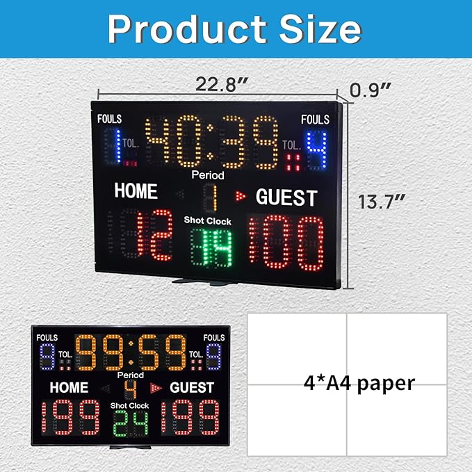 YZ LED Basketball Scoreboard with Shot Clock, Digital Scoreboard with Remoe, Electronic Scoreboard with Timer Clock, Digital Score Keeper Outdoor