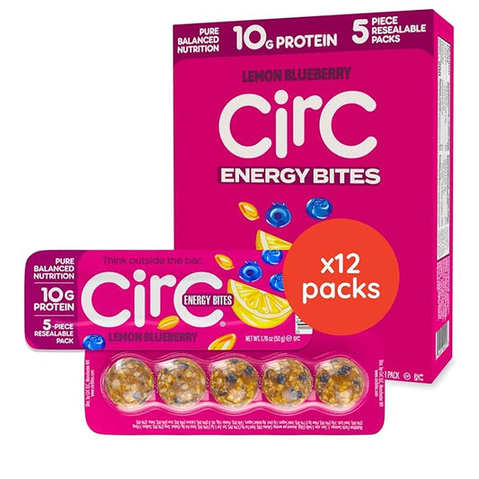 CirC Energy Bites - 12 Pack Lemon Blueberry Gluten Free Protein Balls - 10g Protein, Whole Grains, Nuts & Fruit - Portable Healthy Snacks for Adults & Kids, 5 Piece Resealable Packs
