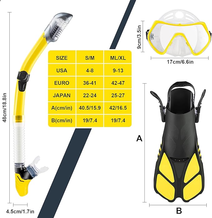 ZEEPORTE Mask Fin Snorkel Set, Travel Size Snorkeling Gear for Adults with Panoramic View Anti-Fog Mask, Trek Fins, Dry Top Snorkel and Gear Bag for Swimming Training, Snorkeling Kit Diving Packages
