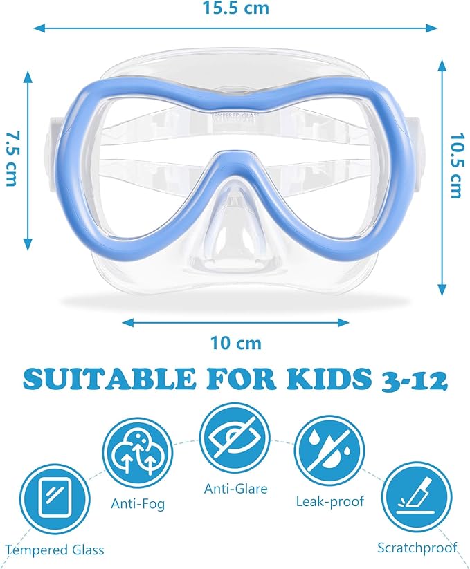 Aegend Kids Swim Mask Goggles, Tempered Glass 180° HD Wide View with Nose Cover