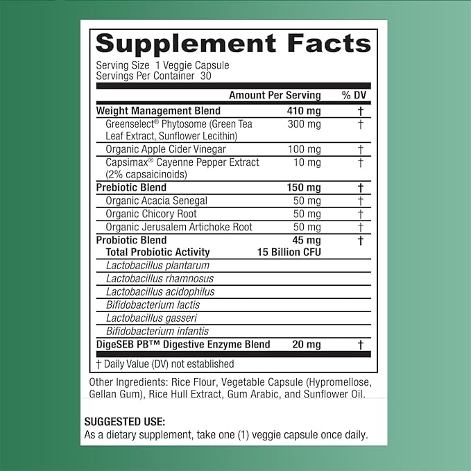 BIGJOHNLAB® - Probiotics for Weight Management & Bloating - 6 Probiotic Strains - Prebiotics - Key Ingredient Cayenne & Green Tea - Supports Gut Health - Weight Management for Women & Men - 30 CT