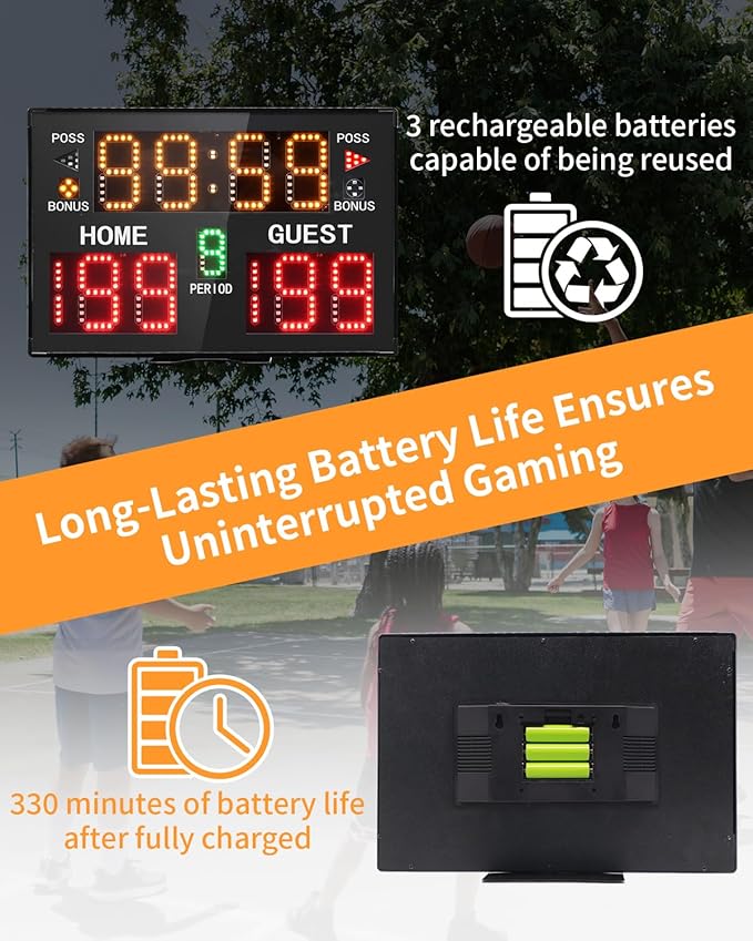 Basketball Digital Scoreboard with Remote,Battery Powered Portable Tabletop Electronic Scoreboard with 75dB Buzzer,Countdown Timer & Score for Games