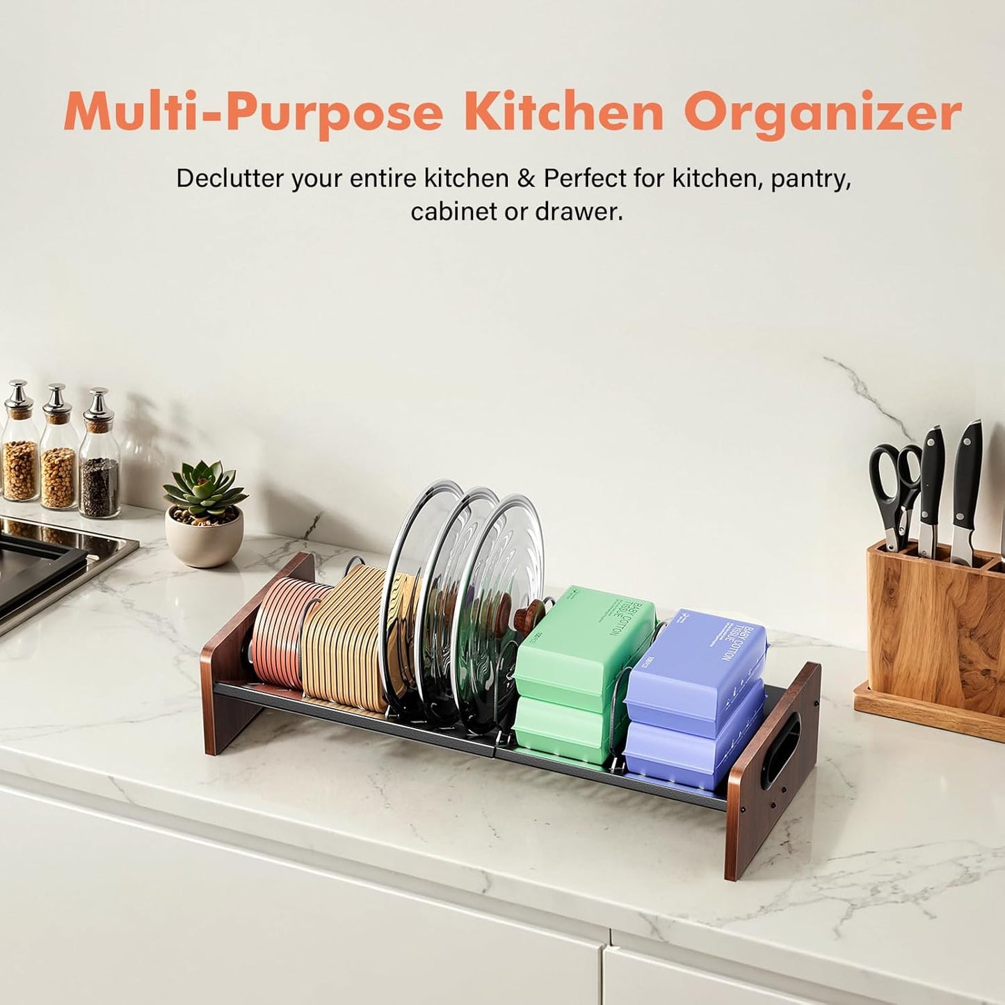 Expandable Food Container Lid Holder Organizer, Adjustable 13.97-22 Inch V-Shaped Kitchen Cabinet Storage Rack with 20 Slots & 6 Adjustable Dividers for Lids, Cutting Boards, Baking Pans