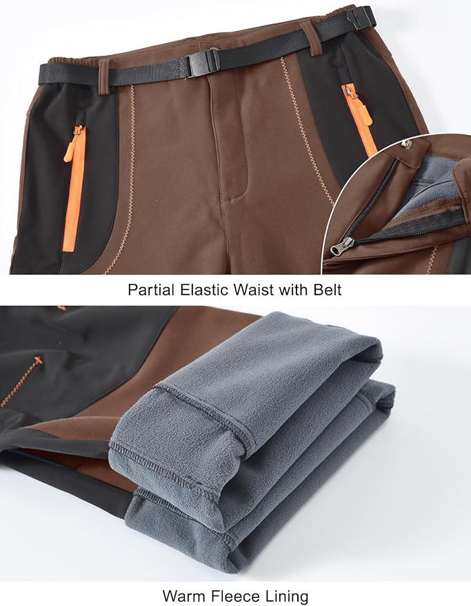 Rdruko Men's Snow Ski Pants Waterproof Insulated Winter Outdoor Snowboard Hiking Fleece Pants with Belt