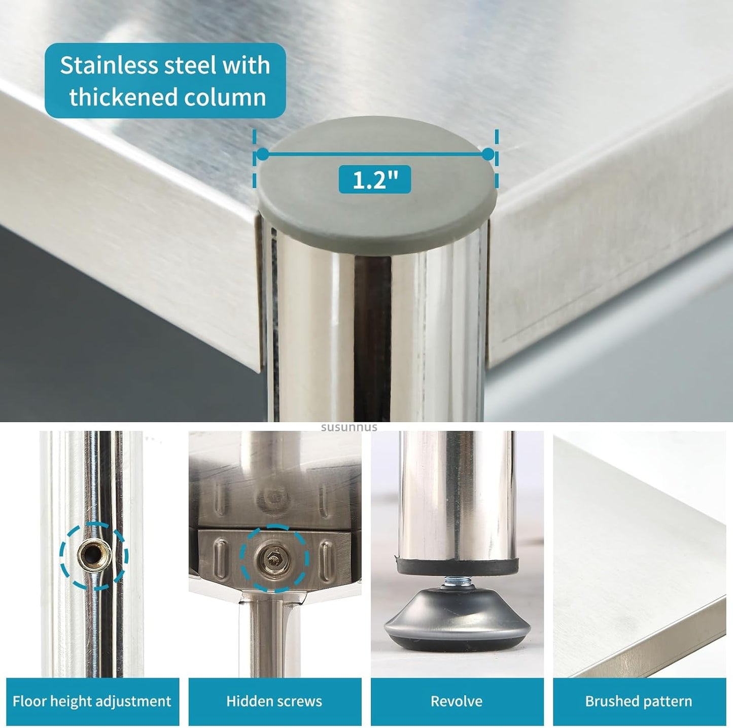 susunnus 3-Tier Stainless Steel Shelf, Heavy Duty Shelving for Kitchen, Garage, Industrial Storage, Kitchen Shelves Adjustable Feet, Easy to Clean(35.8in*15.8without Guardrails)