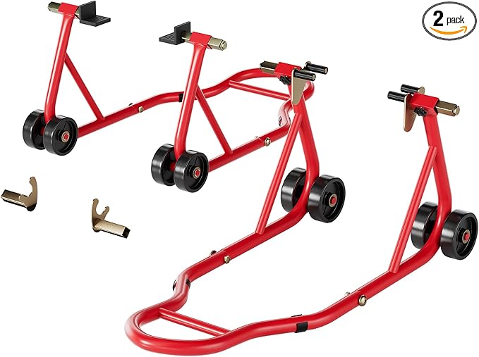 SPECSTAR Motorcycle Stands, 882 Lbs Capacity Front Rear Wheels Lift Combo with U+L Adjustable Swingarm Spool, Heavy Duty Paddock Stands for BMW Suzuki Yamaha Honda Kawasaki, Red