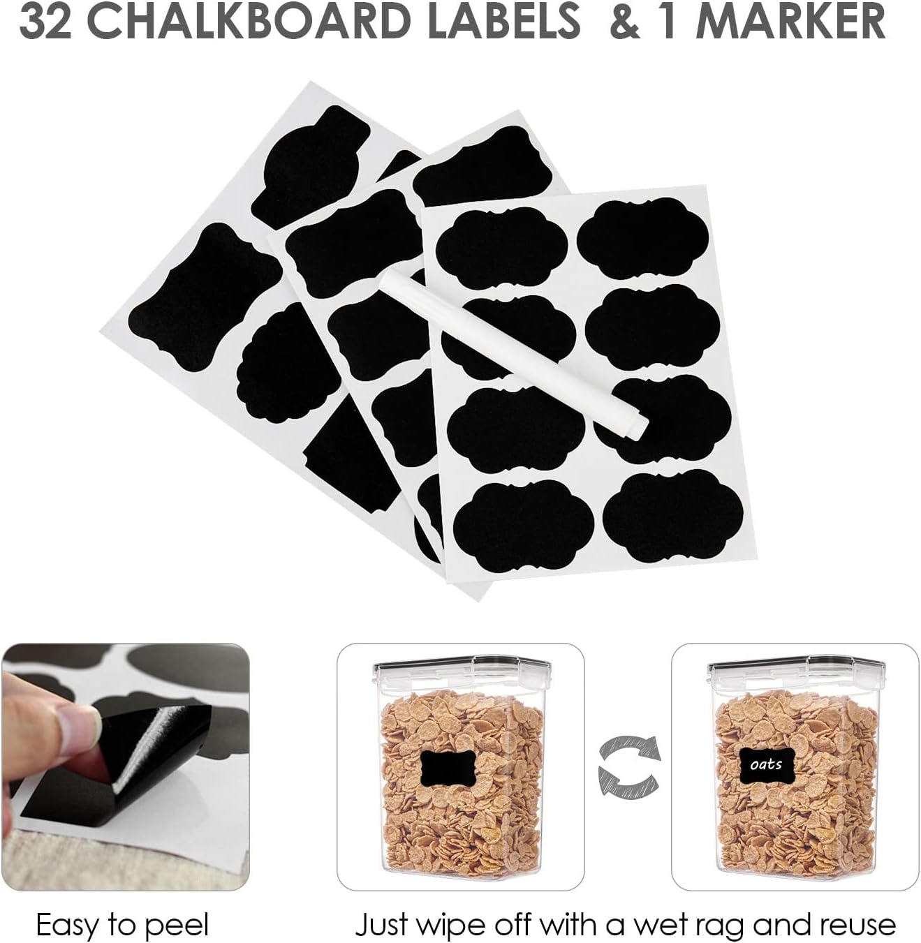 Vtopmart 32pcs Airtight Food Storage Containers Set, BPA Free Plastic Kitchen and Pantry Organization Canisters with Lids for Cereal, Dry Food, Flour and Sugar, Includes 32 Labels