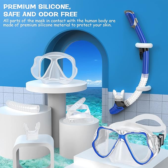 Greatever Dry Snorkel Set,Panoramic Wide View,Anti-Fog Scuba Diving Mask,Professional Snorkeling Gear