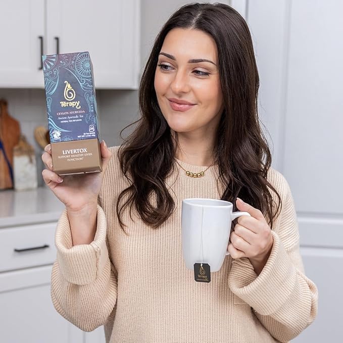 Tรฉrapy Ceylon LIVERTOX Organic Herbal Tea Bags | Helps with Liver Kidney Cleanse Detox & Repair | 100% Natural Ayurvedic Ingredients including Turmeric, Aloe Vera and Lemongrass | 20 Individually Wrapped Tea Bags