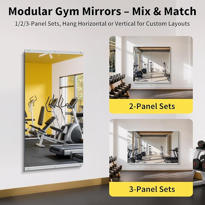 Home Gym Mirror - 48x24 Inch, 1PCS Frameless Tempered Glass Full Body Mirror for Wall Mount - Ideal for Yoga, Workout, Bedroom, Dance Studio (Silver)