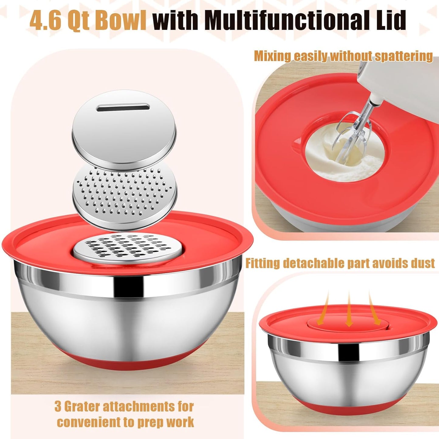 P&P CHEF Mixing Bowl with Lid Set, 5 Piece Stainless Steel Mixing Nesting Bowls for Salad Storage, 3 Grater Attachments & Non-Slip Bottoms, Size 1/1.5/2 / 2.6/4.6 QT, Multicolor