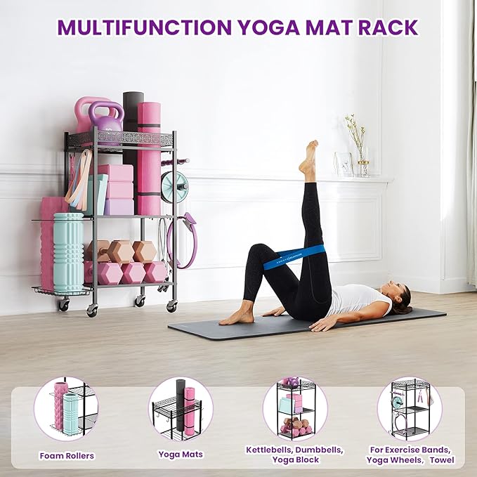 Yoga Mat Storage Rack, Home Gym Storage Rack, VOPEAK Workout Storage for Yoga Mat, Foam Roller, Equipment Gym Storage for Home Exercise and Fitness Gear (Metal)