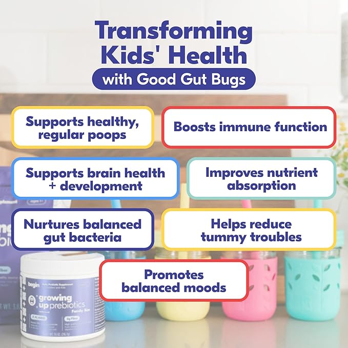 Begin Health Growing Up Prebiotics for Kids 84-Packs | Prebiotic Soluble Powder Stool Softeners and Digestive Gut Health Supplement | Ideal to Mix with Kids Daily Beverages and Soft Foods - Unflavored