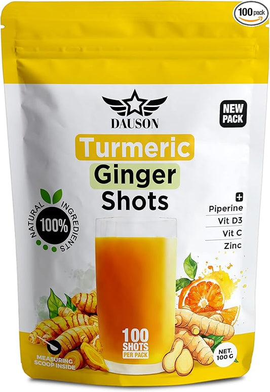 Turmeric Ginger Supplements with Piperine, Vitamin C, Vitamin D3 & Zinc | Turmeric Ginger Shots for Joint, Heart, Brain, Gut & Skin Health | 100 Servings | Ayurvedic | Powder