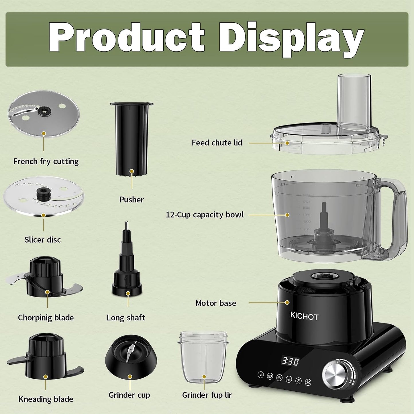 12 Cup Food Processor & Vegetable Chopper,French-Fry-Cutter, Stepless Speed,Digital Timer,Large Feed Chute,Ice Creshing,Chopping, Shredding, Slicing and Doughing,600W for Home Use,Black