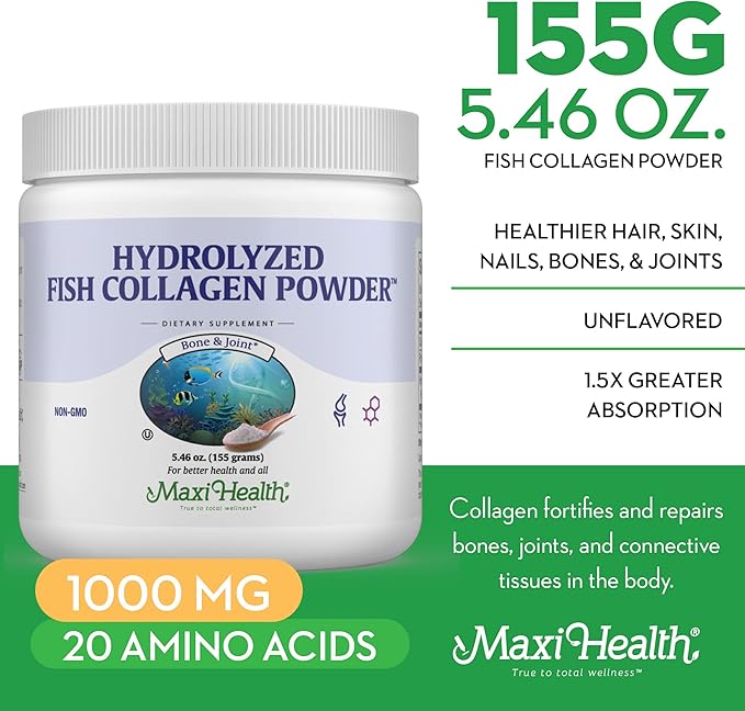 Maxi Health Collagen Peptides Powder – Type I Unflavored Marine Powder Collagen for Women & Men - Wild-Caught Protein Supplement for Joints, Skin, Hair & NailNails (5.46 oz)