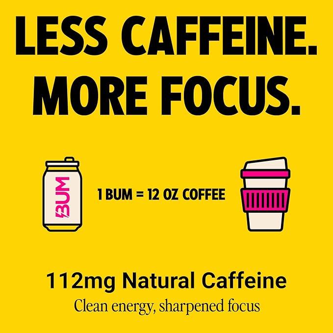 BUM Sugar-Free Energy Drink, Pink Lemonade - Lightly Carbonated & No Artificial Colors, Natural Caffeine & Citicoline for Energy & Focus, Brain Boost & Workout Sports Beverage - 12 oz, Pack of 12
