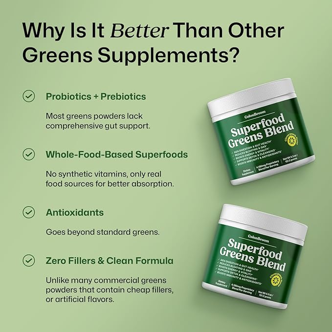 ColonBroom Superfood Greens Powder Supplement | Super Greens Juice Powder with Probiotics, Prebiotics, Spirulina & Chlorella | Natural for Energy, Immunity, Digestion & Detox Support | 28 Servings