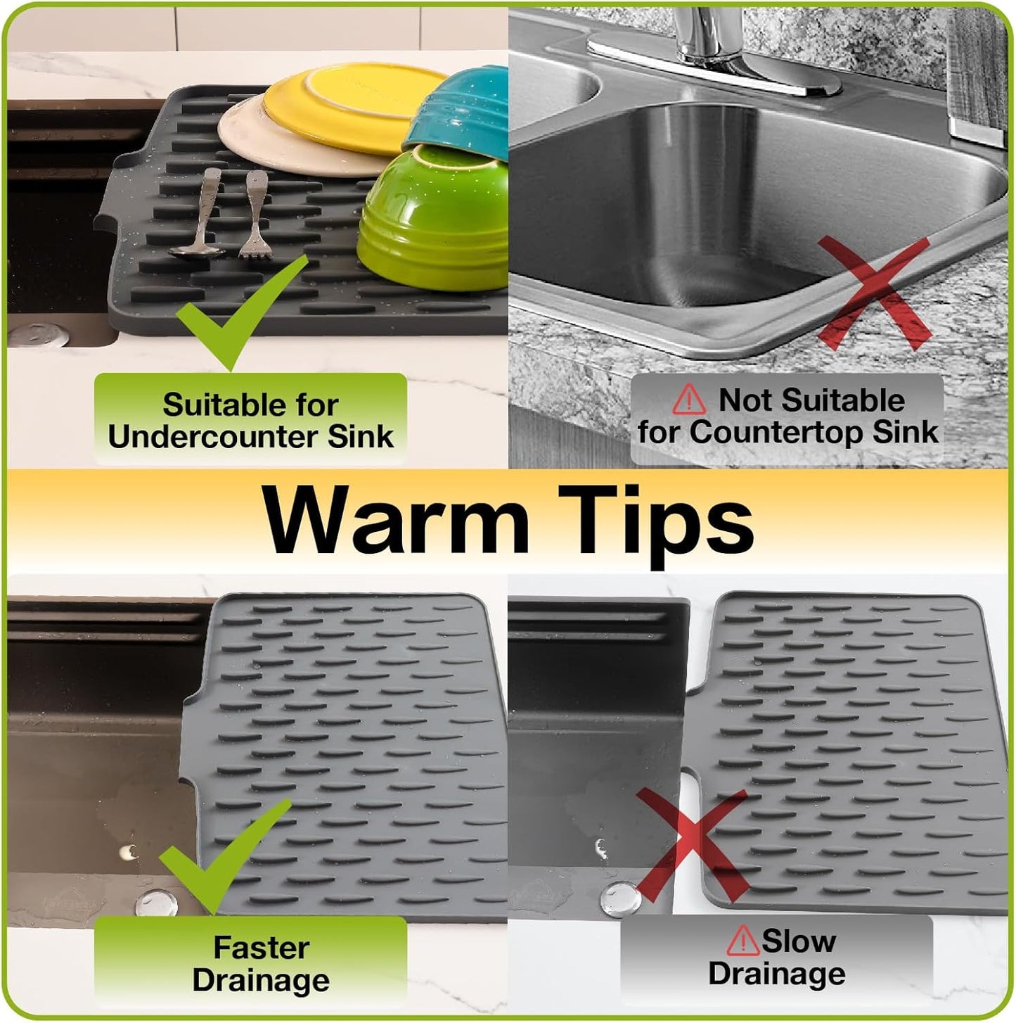 CHIKILLA Silicone Dish Drying Mat for Kitchen Counter, Fast Drainage Design for Vegetables Fruits, Heat Resistant, Non-Slip , Dishwasher Safe – 15.7x13 inch Silk Gray