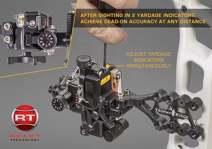 Trophy Ridge React One Pro Bow Sight - Accuracy up to 100 Yards, Tool Less Windage and Elevation Adjustability, 2nd/3rd Axis Leveling, Adjustable Click Light