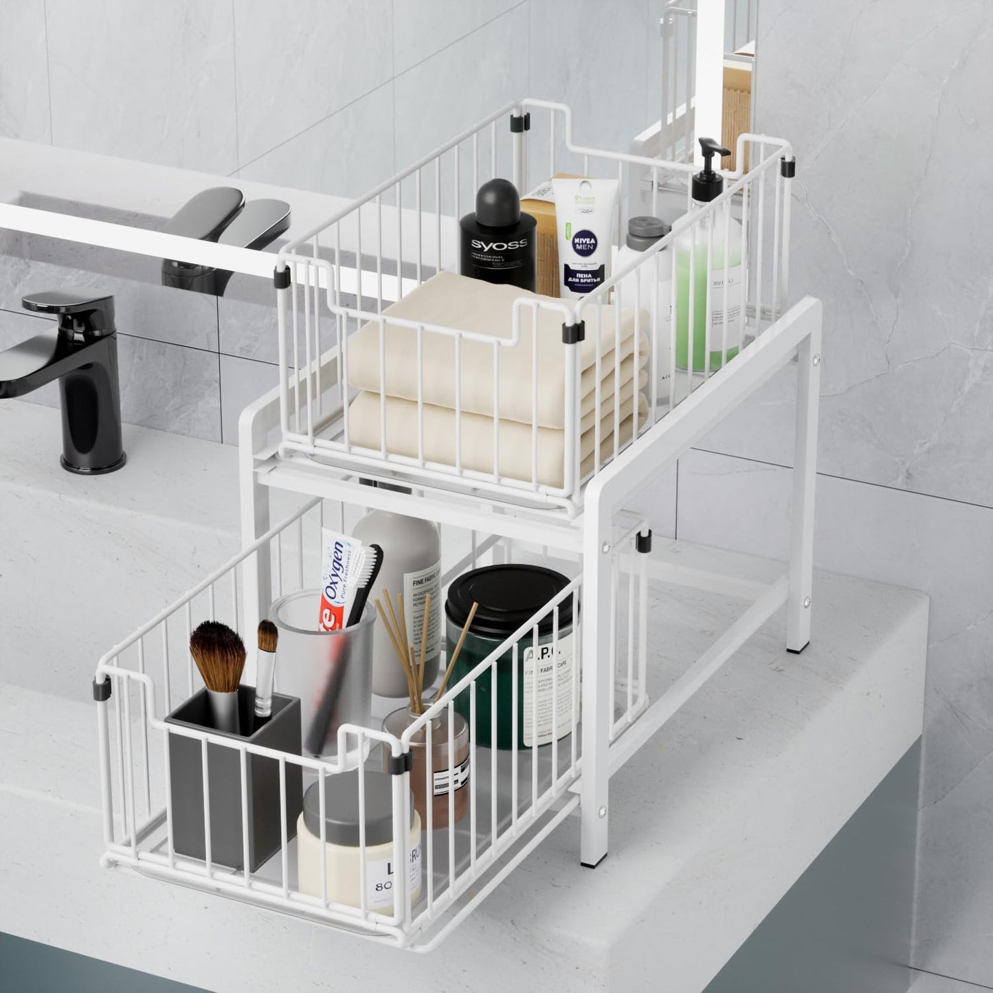 2 Tier Sliding Basket Drawer Organizer, Pull Out Under Sink Cabinets Organizers, Metal Home Shelf for Bathroom or Kitchen, Sliding Countertop or Pantry Storage Shelf, Large White