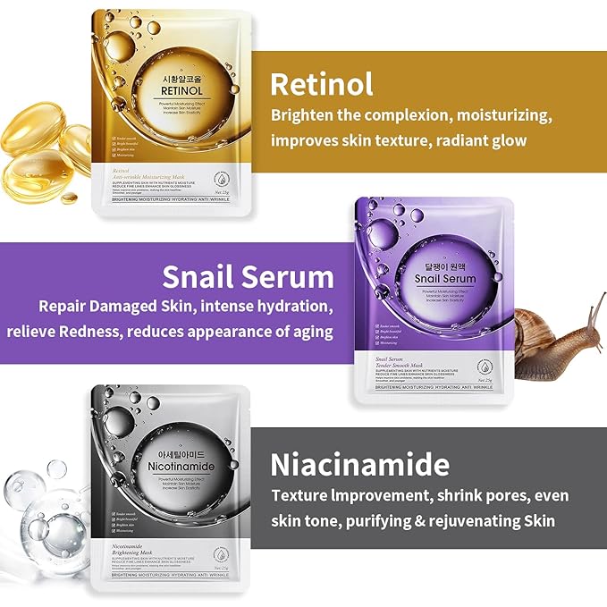 12 Pack Sheet Face Masks Skincare (Collagen, Hyaluronic acid, Snail, Retinol, Vitamin C, Niacinamide) Collagen Face Mask Hydrating Face Masks for Women Skin Care, Moisturizing, Brightening, Anti-Aging