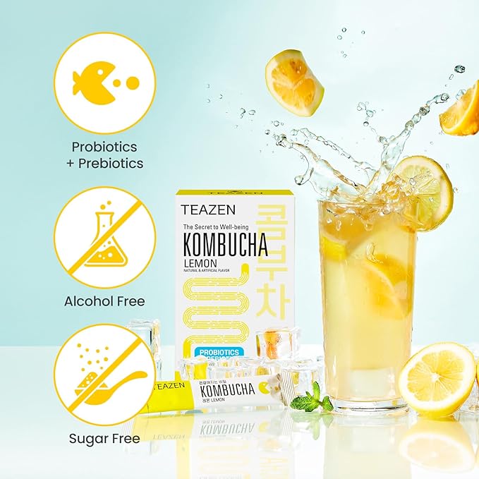 TEAZEN Lemon Kombucha Tea, Hydration Drink Mix, Sugar Free, Live Probiotics & Prebiotics, 10 Sticks, 1.76oz