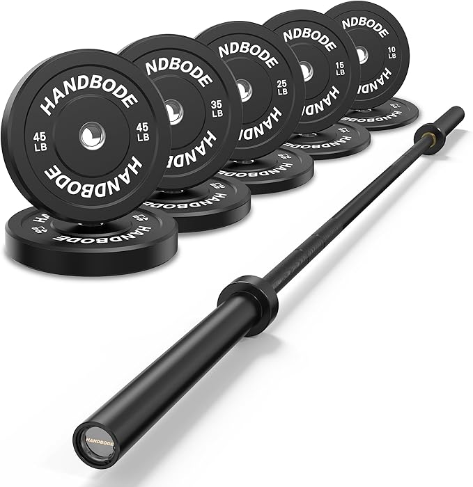 Olympic Bumper Plates Set 2 Inch, 10-55 lbs Rubber Weight Plates with 45 lb (20kg) Black/Silver Barbell, Strength Training & Weight Lifting for Home Gym