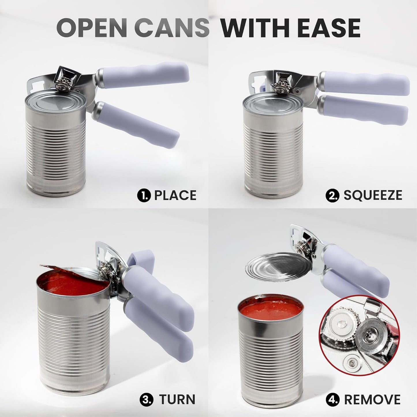 Zulay Kitchen Heavy Duty Stainless Steel Can Opener Manual with Bottle Opener - Rust Proof Manual Can Opener With Turn Knob & Comfy Soft Grip Handles - Light Lilac