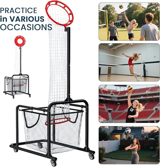 Volleyball Setter Training Equipment – Adjustable Height & Angle, Precision Target Cloth for Accurate Setting, Portable with Wheels, Ball Storage Net Bag Skill Levels