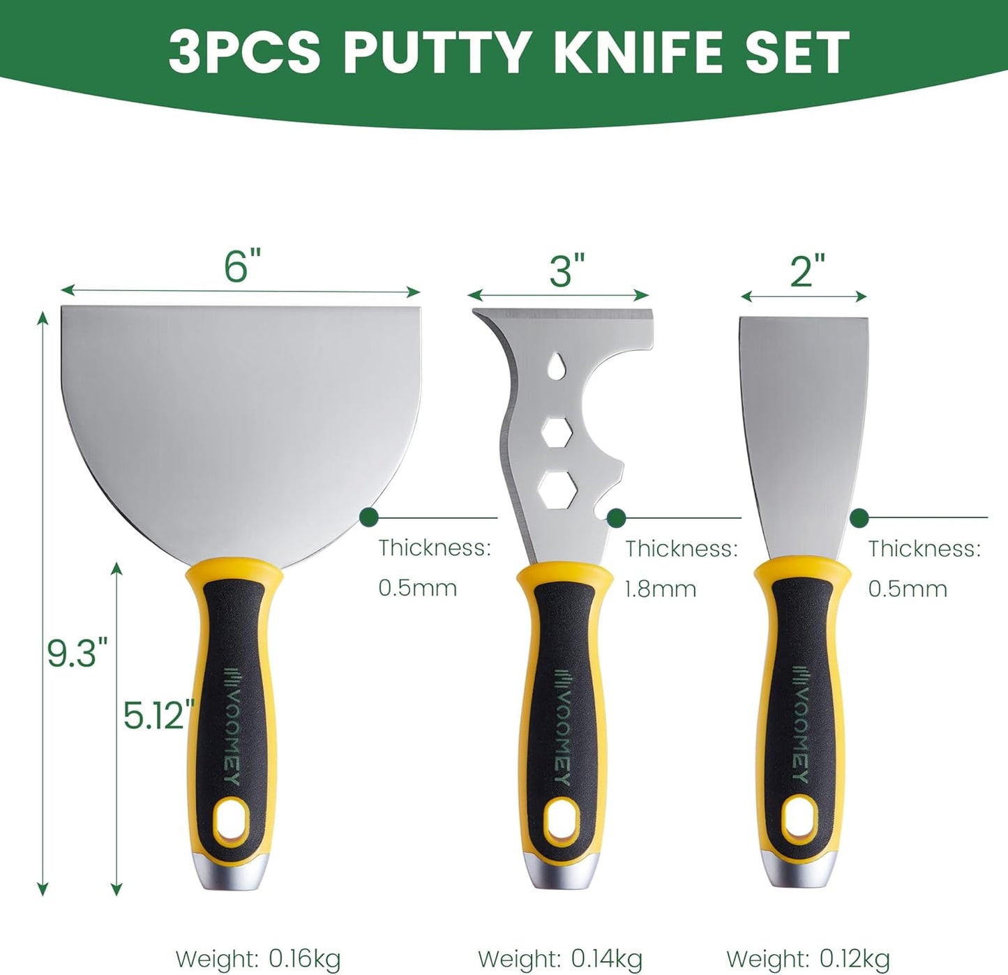 Voomey Putty Knife Set 3 Pack, Stainless Steel Paint Scraper and Spackle Knife Drywall Tools for Wallpaper Removal, Drywall Repair, and Painting Projects