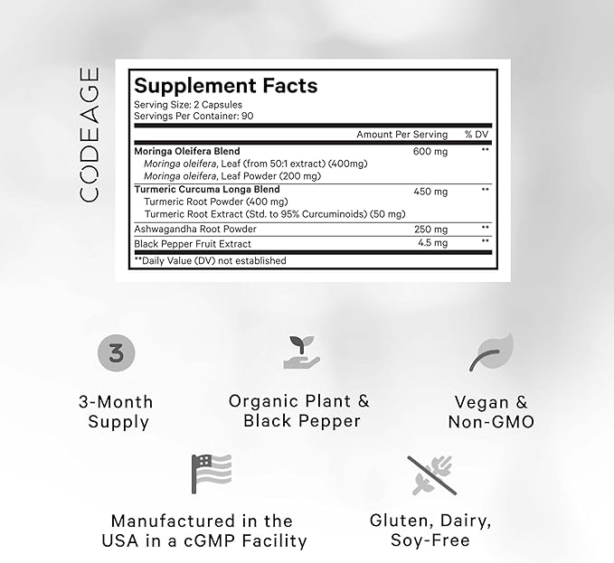 Codeage Liposomal Moringa+ Supplement, 400mg Moringa 50:1 Extract - 20,000mg Moringa Oleifera Leaf Equivalent - Turmeric, Ashwagandha, Black Pepper, 3-Month Supply, Vegan Moringa Powder - 180 Capsules