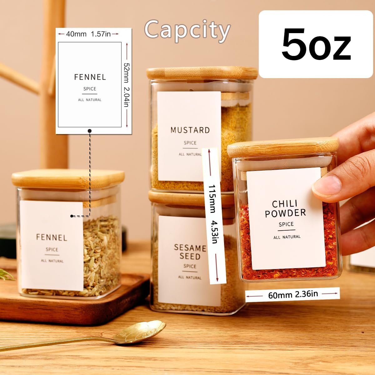 12 Pcs Square Glass Spice Jars with Natural Bamboo Lids - 5oz Airtight Herb Containers with 148 Waterproof Minimalist Spice Labels Preprinted - Empty Small Seasoning Jars for Kitchen Pantry
