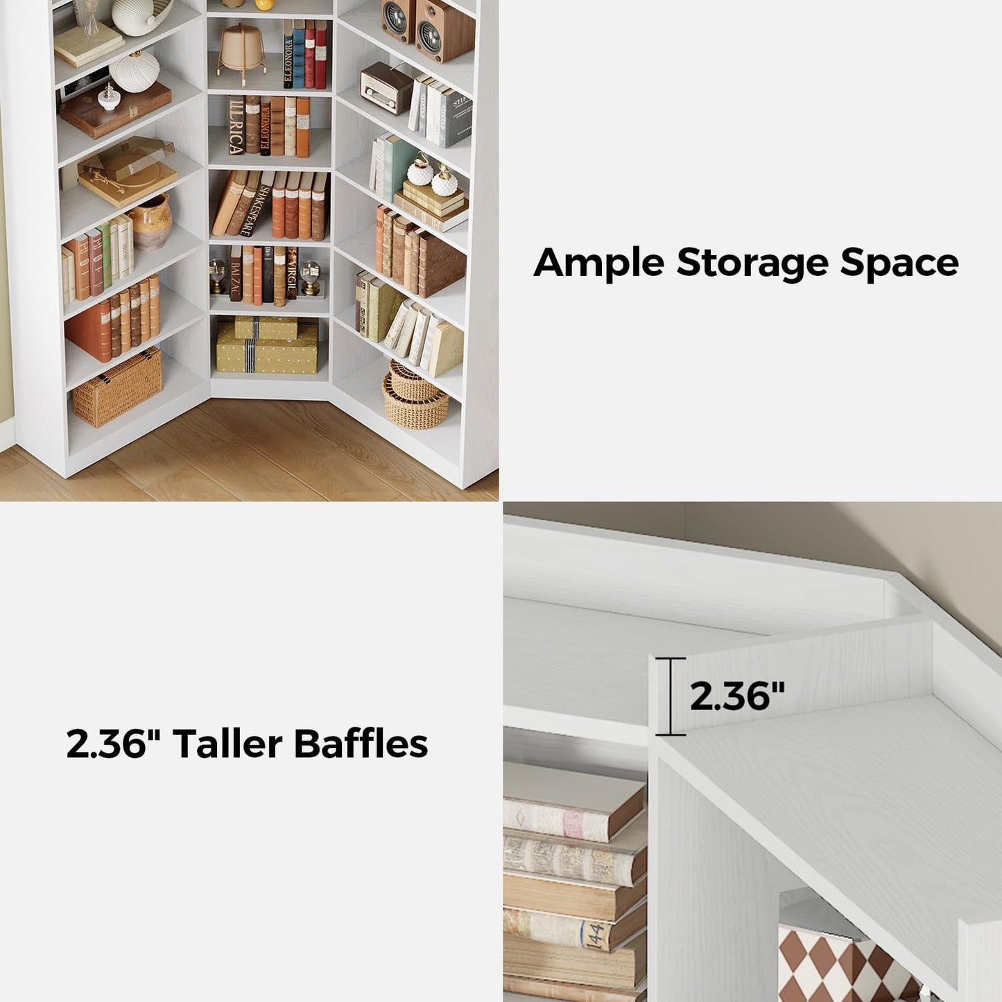 IRONCK Corner Bookshelf, 7-Tier Bookshelf with Storage, Corner Bookcases with Baffles Etagere Shelf for Living Room Home Office Bedroom, White