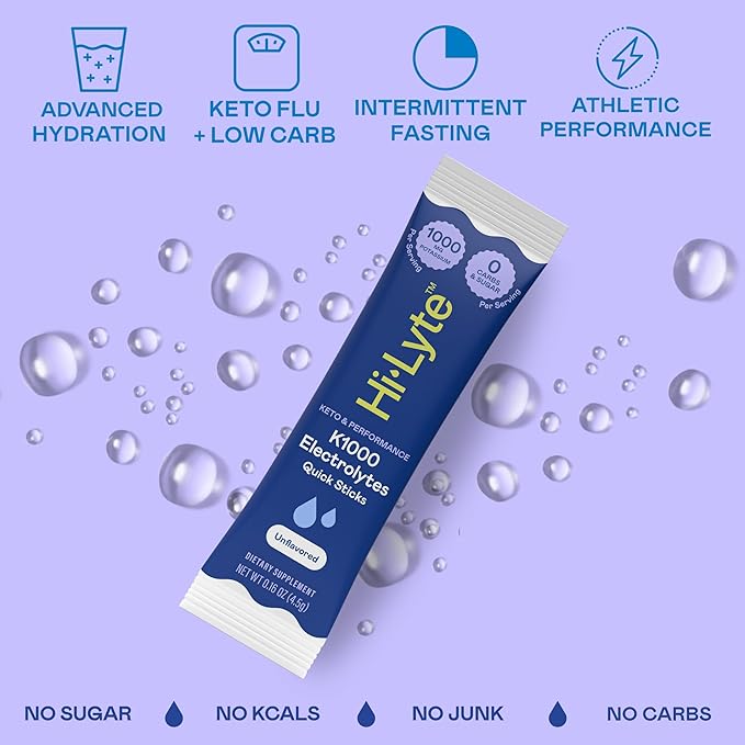Hi-Lyte Keto K1000 Electrolyte Packets | Unflavored | Hydration Supplement Drink Mix | Boost Energy & Beat Leg Cramps | No Sugar, Stevia, Maltodextrin | 30 Servings