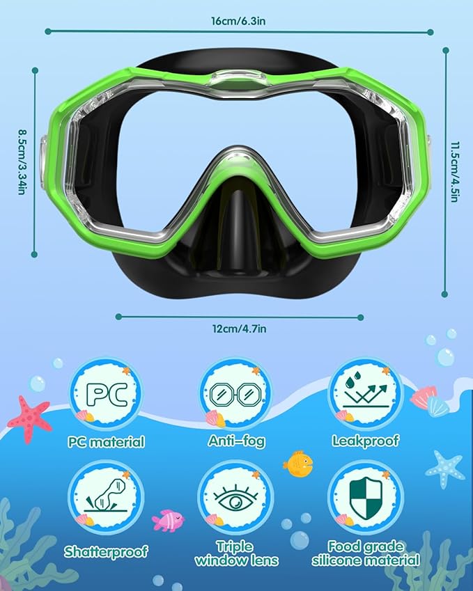 W WSTOO Kids Swim Goggles with Nose Cover,Snorkel Diving Swimming Mask for Youth 5-15,HD 3-Window Wide Vision Anti-Shattered Lens Anti-Fog&Leak