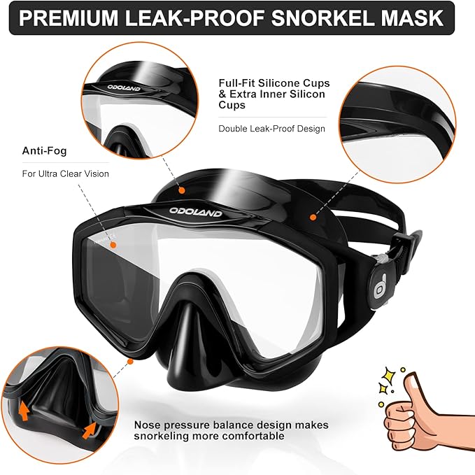 Odoland Kids Snorkeling Packages Snorkel Set, Dry Top Snorkel Mask with Adjustable Swim Fins for Boys and Girls Age 7-14