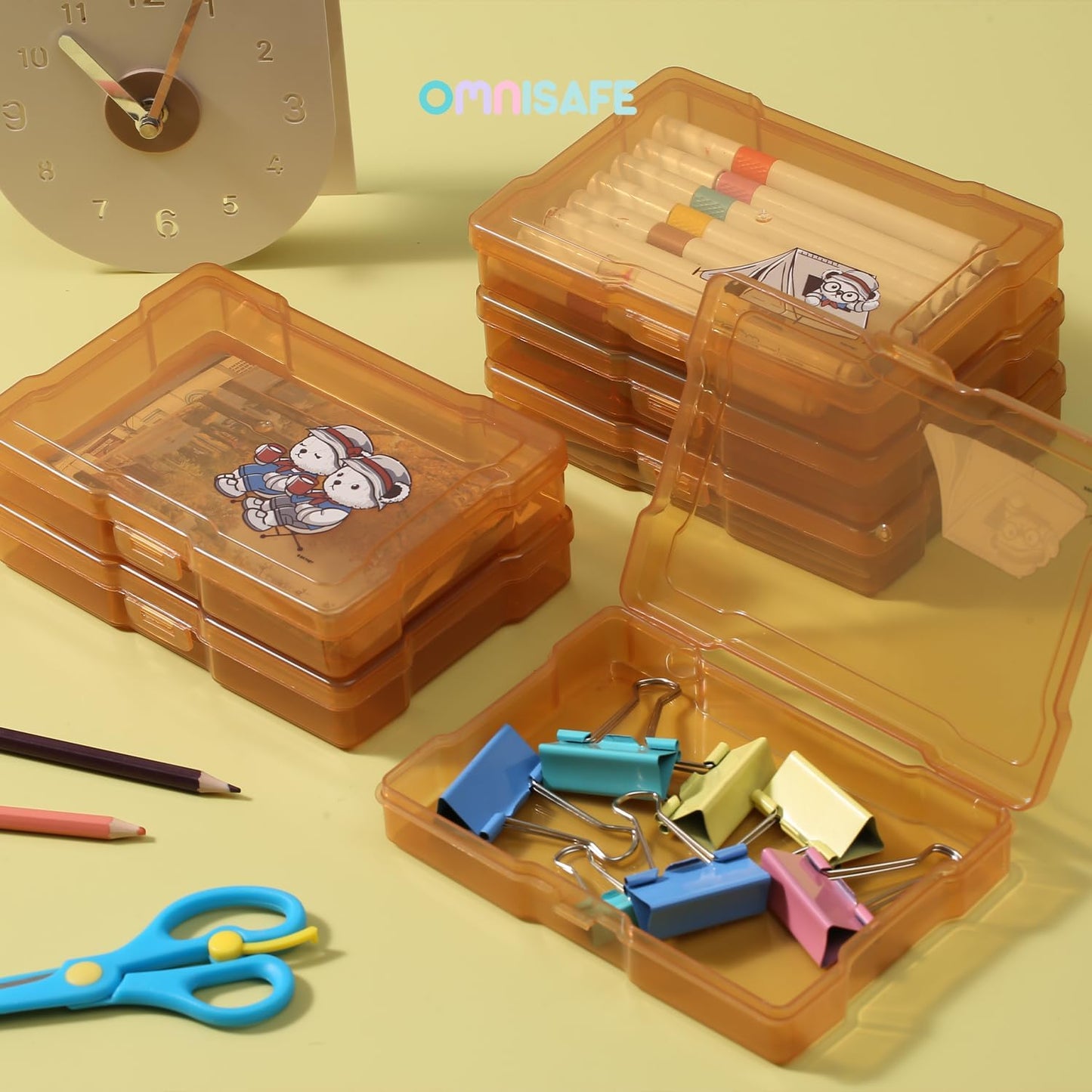 OMNISAFE 4x6 Photo Organizer Cases, Teddy Bear 16 Pack Plastic Craft Storage Container, Box for Pictures, Crafts, Scrapbooking, Transparent Photo Keeper with Handle (Camping Brown)