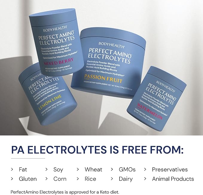 BodyHealth PerfectAmino Electrolyte Powder No Sugar, Hydration Fasting Keto Zero Sugar Electrolytes Drink Mix with Trace Minerals - Lemon Lime - 30 Servings