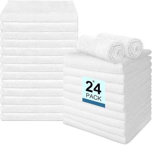 24 Pack Hand Towels Set - Highly Absorbent and Quick Drying Microfiber Gym Towels, Premium Wash Cloths for Bathroom, Salon, Gym, Shower, Hotel, and Spa - 16x27 inch (White)