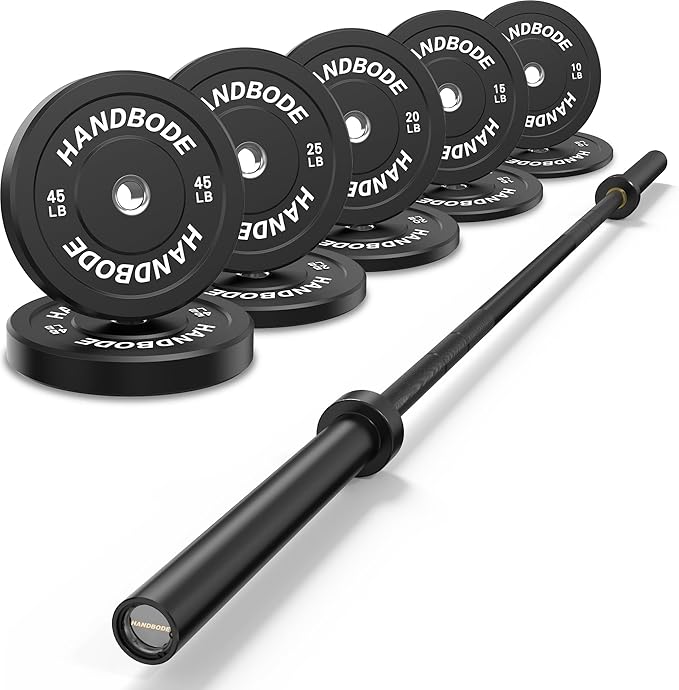 Olympic Bumper Plates Set 2 Inch, 10-55 lbs Rubber Weight Plates with 45 lb (20kg) Black/Silver Barbell, Strength Training & Weight Lifting for Home Gym