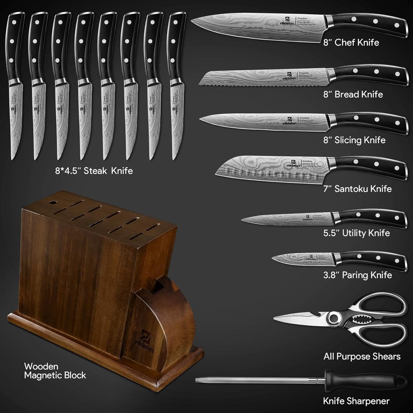 Knife Sets for Kitchen with Block, 17 Pieces with Magnetic Knife Holder, German High Carbon Stainless Steel Damascus Pattern Chef Knife Set
