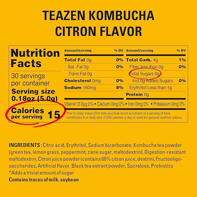 TEAZEN Citron Kombucha Tea, Hydration Drink Mix, Sugar Free, Live Probiotics & Prebiotics, 30 Sticks, 5.29oz