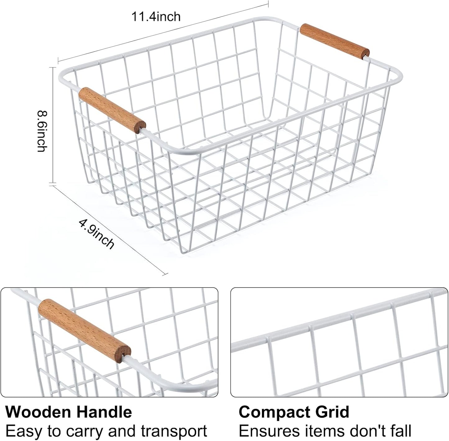 Wire Basket 2 Pcs Wire Storage Baskets Wire Baskets Organizing with Wooden Handles Wire Basket Pantry Organization and Storage Metal Wire Food Storage Basket for Kitchen, Cabinets (White 2PCS)