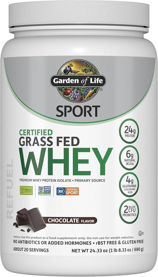 Garden of Life Sport Whey Protein Powder Chocolate, Premium Grass Fed Whey Protein Isolate Plus Probiotics for Immune System Health, 24g Protein, Non GMO, Gluten Free, Cold Processed - 20 Servings