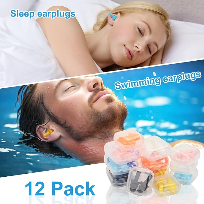Ear Plugs for Swimming,Sleeping Noise Cancelling,Snoring,Shoting,Working, Reusable Silicone Earplugs, Super Soft Ear Plug for Noise Reduction, Ears Protection (12 Pairs)
